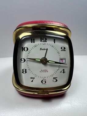 Vintage Sabre Japan Folding Travel Alarm Clock Auto-Date Red Case
